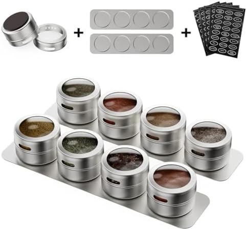 Set of 8 Magnetic Spice Tins with 2 Metal Wall-Plates,120 Preprinted Seasoning Label Stickers,2 Styles for 3 oz Herb Jars