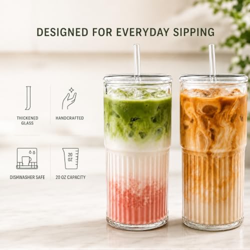 20 oz Glass Cups with Lids and Straws Set of 2, Ribbed Glass Coffee Cups for Iced Coffee, Matcha, Cold Brew, Smoothie, Boba, Reusable Clear Glass Tumbler with Cleaning Brush