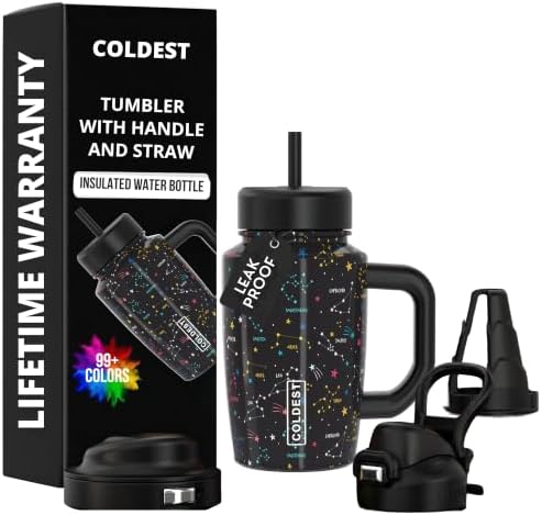 Coldest Tumbler with Handle & Coffee Lid - 100% Spill Proof Tumbler (3 Lids) - Stainless Steel Insulated Leakproof Tumblers for Women & Men - Cup Holder Friendly - 15 oz (Written in the Stars) by Coldest