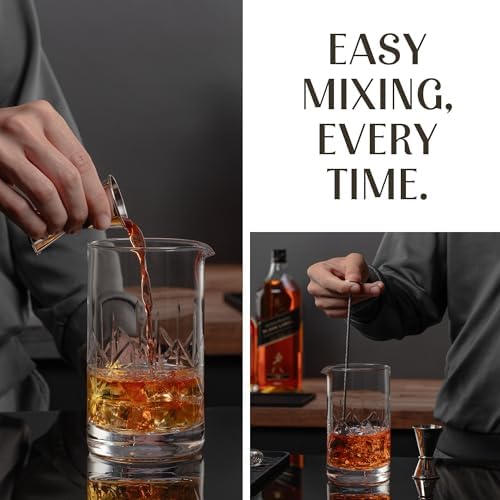 Commercial Grade Bar Mixing Glass – Includes 24oz Crystal Stirring Glass, Japanese Jigger, Bar Spoon, Muddler, and Hawthorne Strainer for Crafting Old Fashioned Cocktails at Home Bars