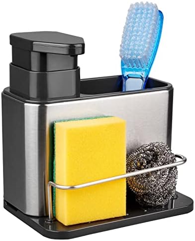 Soap Dispenser for Kitchen Sink, 3-in-1 Sponge Holder for Kitchen Sink Caddy, Stainless Steel Kitchen Sink Organizer Tray Drainer Rack, Rustproof Dish Soap Dispenser Brush Holder Countertop