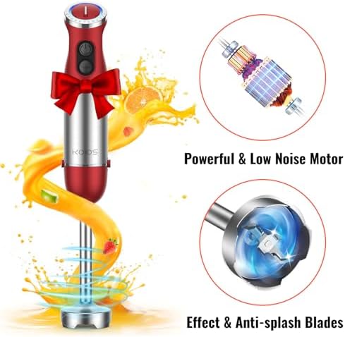 5-in-1 Hand Immersion Blender, 1000W 12 Speed Handheld Blender Stick with Copper Motor Stainless Steel Blade, 600ml Mixing Beaker,500ml Food Processor, Whisk, Milk Frother, Non-BPA, Red
