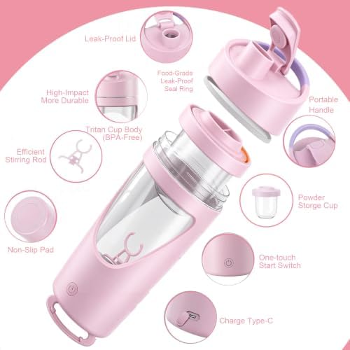 Electric Protein Shaker Bottle with Storage, USB-C, 24 oz, Pink
