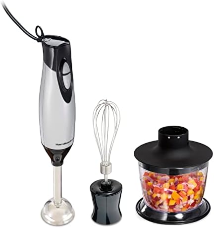 Hamilton Beach 4-in-1 Electric Immersion Hand Blender with Handheld Blending Stick, Whisk + 3-Cup Food & Vegetable Chopper Bowl, 2-Speeds, 225 Watts, Silver and Stainless Steel (59765) by HamiltonBeach