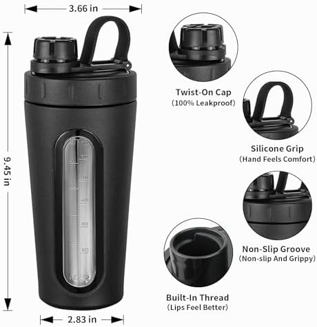 Stainless Steel Shaker - 28 oz Metal Cup for Protein Shakes, 2 Whisk Balls, Not Stays Cold/Hot, Visible Window, Gym Workout Leakproof