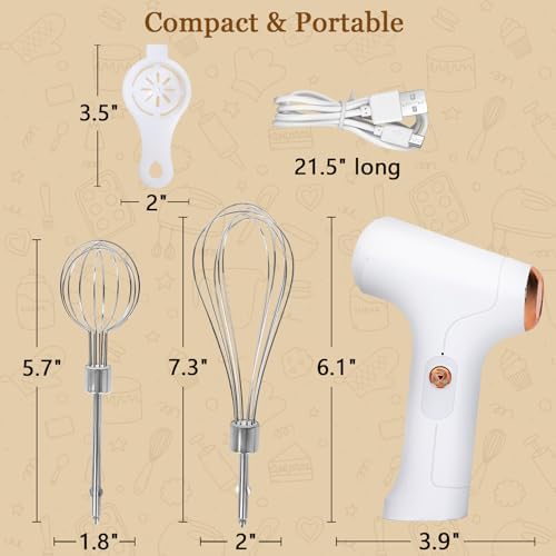 Cordless Hand Mixer, Handheld Electric Whisk with 3 Speed Modes, Hand Held Egg Beater with 2 Detachable Stir Whisks (White) - Image 6