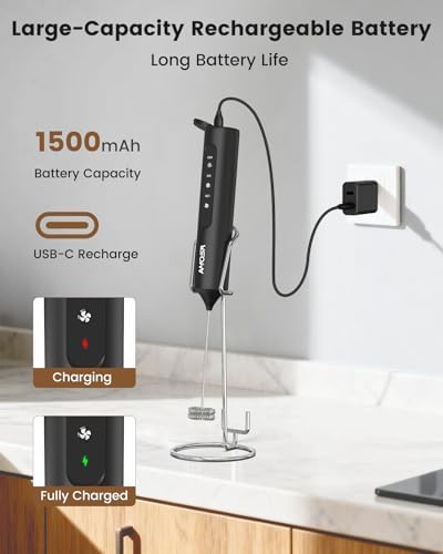 AMOSA Milk Frother Handheld with Stand & Case, 3-Speed & 3 Whisks - Image 4