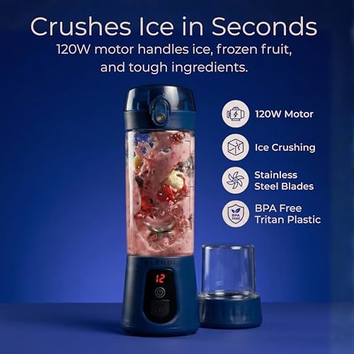 Pro+ Portable Blender (17.5oz, Navy Blue) – Powerful Ice Crushing 120W Motor, USB-C Rechargeable, Cordless Personal Blender Smoothies & Shakes – BPA-Free, Self-Cleaning, Travel-Friendly