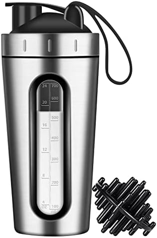 Protein Shaker Bottle, 28oz Shaker Bottles for Protein Mixes and Pre Workout, Visible Window, Stainless Steel Shaker Bottle Leak Proof (silver)