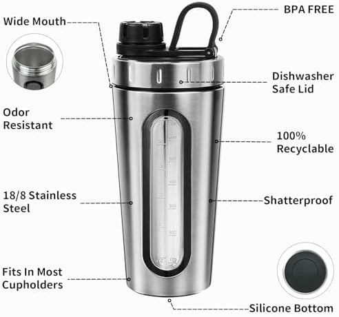 Shaker Bottles for Protein Mixes 28 oz Stainless Steel Protein Shaker with 2 Mixing Ball, Not Stays Cold/Hot, Visible Window Metal Shaker Cups, Leakproof, BPA Free Bottle Shaker
