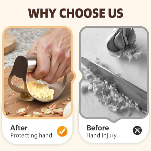 Stainless Steel Garlic Press, 2026 Upgraded Garlic Press Stainless Steel, Garlic Press Rocker, Portable Manual Garlic Crusher, Stainless Steels Garlic Mincer tool with Peeler and Brush (1 Set)