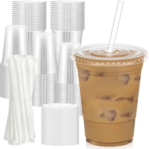 100 Pack - 16 oz Clear Plastic Cups with Lids and Straws
