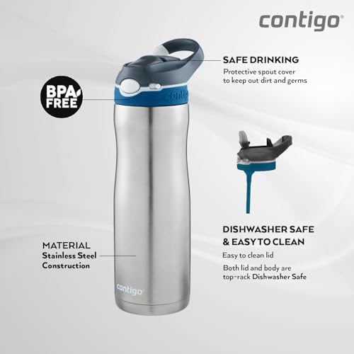 Ashland Chill Autospout Water Bottle with Flip Straw, Stainless Steel Thermal Drinking Bottle,Leakproof,Grey, BLue, 590 ml