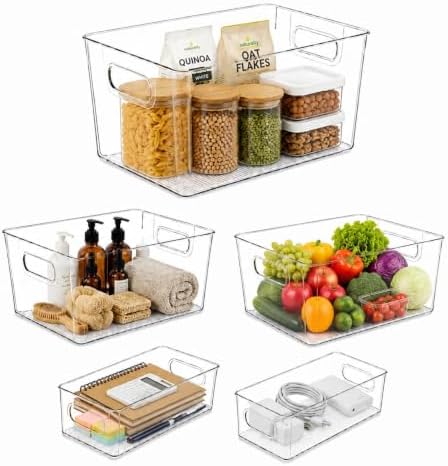 Set of 5 Stackable Fridge Organizers and Storage Bins, 2 Small, 2 Medium & 1 Large Clear Plastic Pantry Organizer Bins with Handles, BPA-Free PET Food Storage Boxes for Kitchen, Freezer & Cabinet