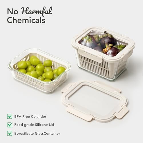 Glass Produce Storage Containers for Fridge, 2-Set – Airtight Fruit & Vegetable Containers with Removable Colanders, Flexible Silicone Lids,LeakProof, BPA-Free Borosilicate Glass