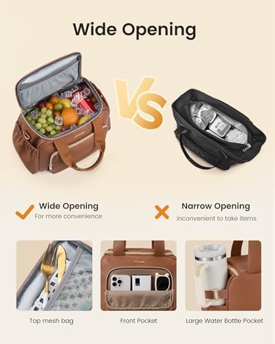 Insulated Lunch Bag for Women, PU leather Lunch Box with Shoulder Strap, Wide Opening Adult Large Lunch bags for Work Picnic Beach Family Camping Outdoor Teacher