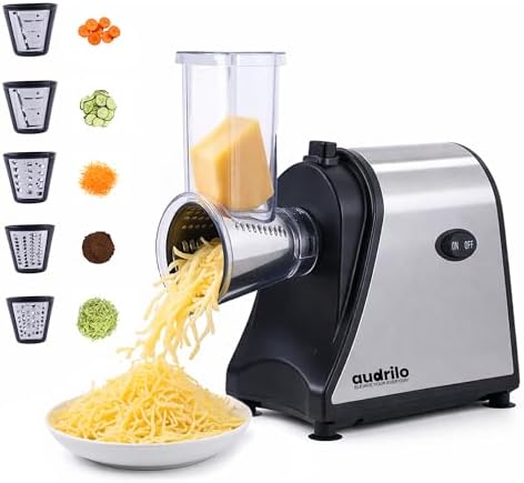 AUDRILO Electric Salad Maker & Cheese Grater, 5-in-1 Electric Vegetable Slicer with Interchangeable Stainless Steel Blades, Electric Food Processor for Cheese, Fruits & Vegetables, Electric Grater by AUDRILO