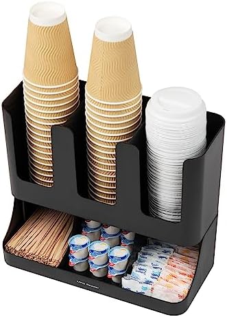Condiment Station, 13 Inch Countertop Coffee Bar Organizer with 6 Compartments, Storage Caddy for Cups, Lids and Packets, Plastic, Black