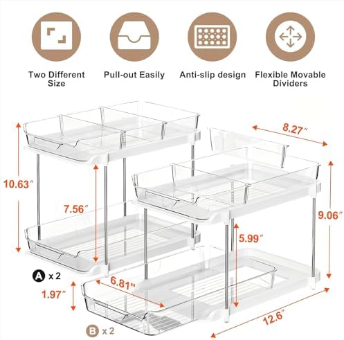 2-Tier Multi-Purpose Bathroom Under Sink Organizers and Storage, Stackable Kitchen Pantry Organization, Pull Out Medicine Cabinet Organizer with Movable Dividers, White, 4Pack