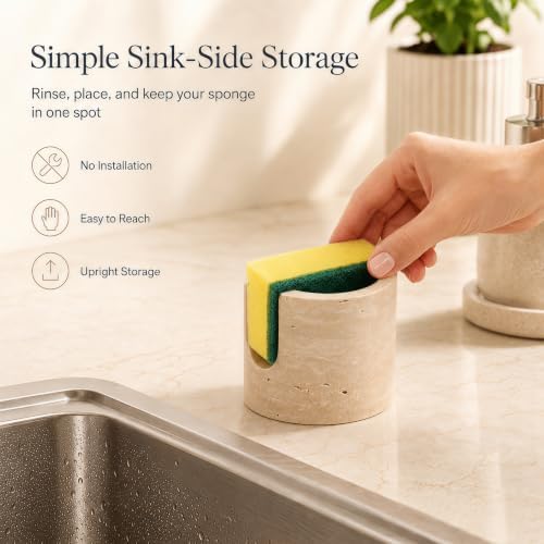 1 Pack Travertine Sponge Holder for Kitchen Sink Counter, Natural Stone