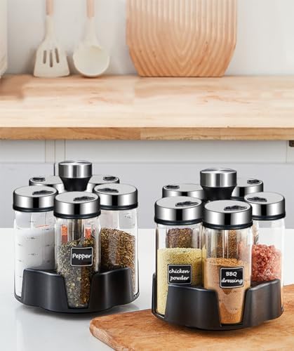 Revolving Spice Rack Organizer, Rotating Seasoning Holder Shelf with 5 Large 200ml Glass Jars for Kitchen Countertop Cabinet
