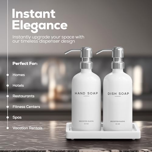 White Glass Hand and Dish Soap Dispenser Set - Kitchen Soap Dispenser Set with Tray & Pump for Office, Hotel, Vacation Rental, Airbnb - Modern Kitchen Decor & Accessories (White)