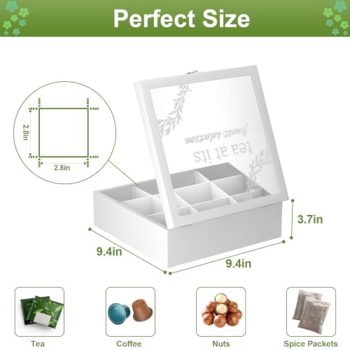 Tea Box Organizer,Wooden Tea Storage,Tea Bag Holder with Glass Lid