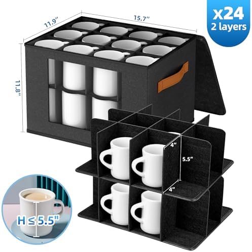 Cup and Mug Storage Box with 24 Dividers, Dark Gray, 2-Layer