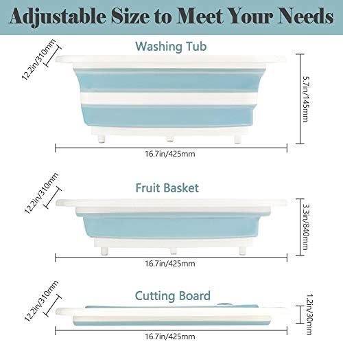 Collapsible Cutting Board, Foldable Chopping Board with Colander, Multifunctional Kitchen Vegetable Washing Basket Silicone Dish Tub for BBQ Prep/Picnic/Camping(Light Blue)