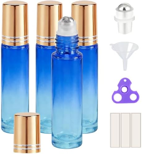 PrettyCare 4 Pack, 10 ml Essential Oil Roller Bottles with Stainless Steel Roller Ball - Refillable Leak-proof Empty Thick Blue& Yellow Glass Roll on Bottles with Golden Caps for Travel, Perfume by PrettyCare