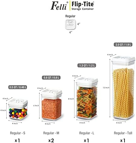 Flip Tite Storage Container with Lid 4" Airtight Ring Seal Top, Stackable Acrylic Canister Jar Set for Kitchen Pantry Organizer, Food Spice Pasta Snack (5pk, Variety)