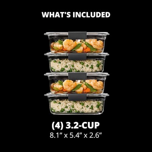 Brilliance Glass Food Storage Containers, 3.2 Cup, Set of 4, BPA-Free, Leak-Proof, Clear