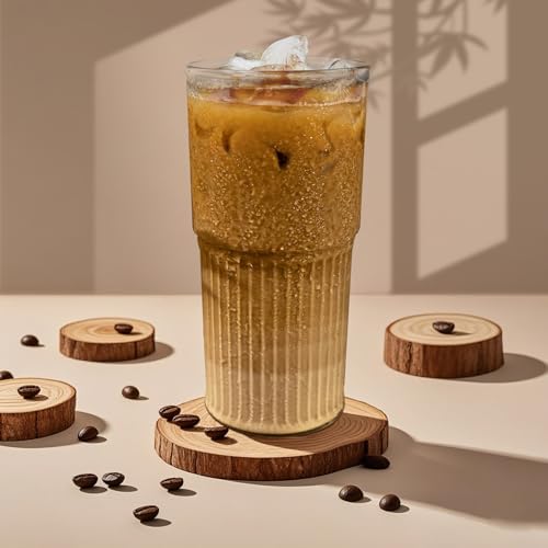 20 oz Glass Cups with Lids and Straws Set of 2, Ribbed Glass Coffee Cups for Iced Coffee, Matcha, Cold Brew, Smoothie, Boba, Reusable Clear Glass Tumbler with Cleaning Brush