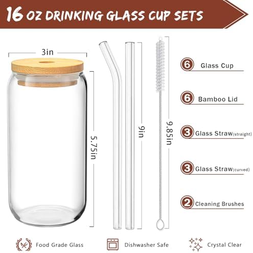 16 Oz Drinking Glasses - 6 Pcs Glass Cups with Bamboo Lids and Straws