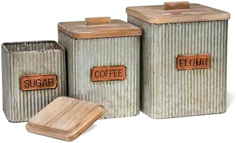 Set of 3 Pre-Labeled Sugar, Coffee & Flour Distressed Metal Storage Canister Jars with Wooden Lids