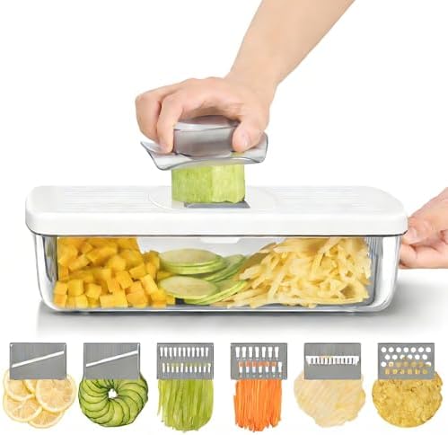 6-in-1 Vegetable Chopper Mandoline Slicer with 6 Blades & Container, Onion Cutter Dicer, Kitchen Gadgets & Essentials for Food Prep by Badelite