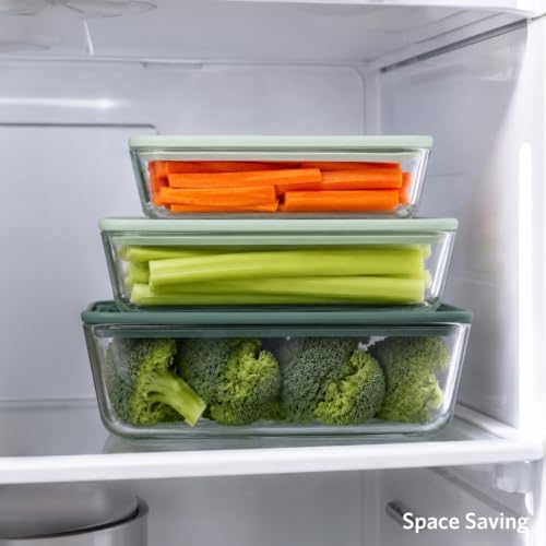 Glass Food Storage Containers, Set of 3 - Airtight Vacuum Sealed Steam Vent Lids - Rectangular Borosilicate Glass Dishes with Ombre Green Lids - Assorted Sizes for Meal Prep & Leftovers, Sage