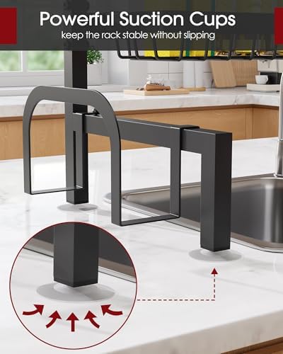 Over The Sink Dish Drying Rack - Adjustable 2 Tier Large Capacity Stainless Steel Drainer with Cutlery & Utensil Holders, Kitchen Storage & Organization, 30"-33.9" L x 11" W x 21.5" H, Black