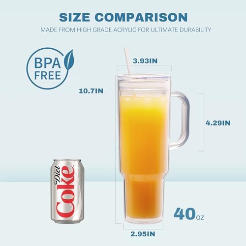 40 oz Acrylic Tumbler with Handle and Straw Lid，Double Wall Vacuum Reusable plastic Water Bottle Travel Mug Cup，Classic Tumblers Cupholder Friendly (2 Pack)