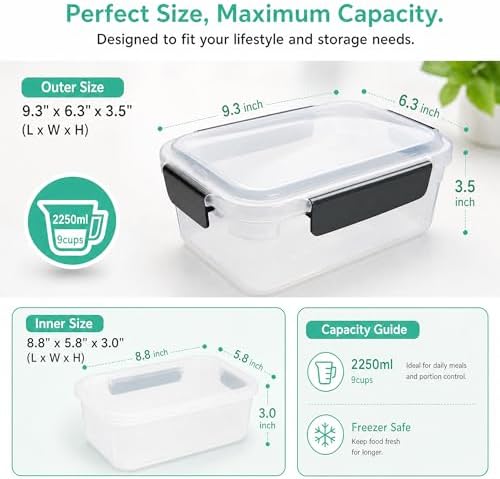 9 cup Plastic Food Storage Containers with Lids Nestable Freezer Dishwasher Safe Rectangle Meal Prep Container Set,5-Pack
