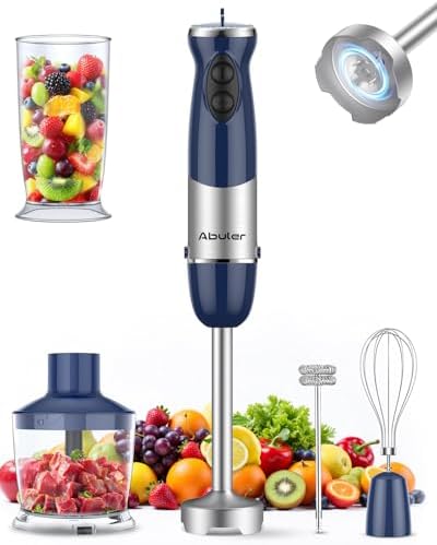 Immersion Blender Handheld 1000W 5 in 1 Corded Stick Hand Blender Kitchen with 12 Speed, BPA-Free, Mixing Beaker, Chopper, Whisk, Milk Frother, Perfect Emulsifier for Soup, Baby Food, Sauce, Puree by Abuler