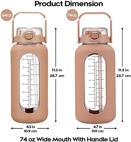 74 oz Glass Water Bolttles with Straw Large Motivational Water Bottle with Time Marker Sports Water Bottles with Silicone Sleeve and Handle Lid 2.2L Water Jug for Gym Workout