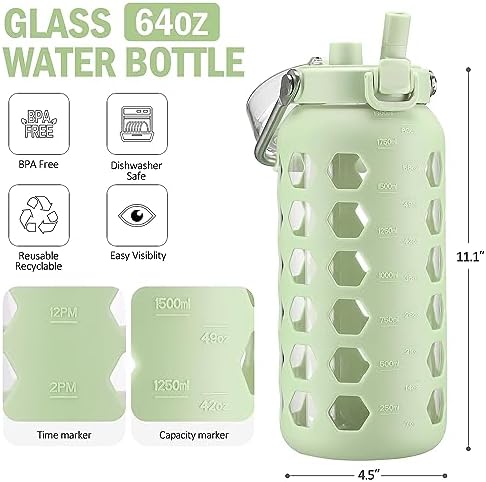 64oz Glass Water Bottle with Straw and Lid, Green