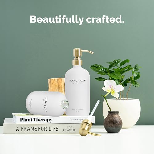 White Glass Soap Dispenser Set, Dish Soap and Hand Soap Dispenser Set with Stainless Steel Pump, 16 oz Glass Dispensers for Kitchen or Bathroom Decor (Matte White Bottle/Brushed Brass)