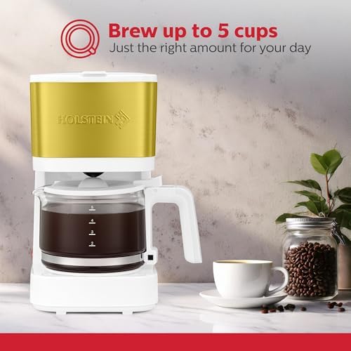 Holstein Housewares 5 Cup Coffee Maker – Compact Drip Coffee Machine with Auto Pause & Serve, Reusable Filter, Glass Carafe, Water Window & Warming Plate. White & Gold - Image 2