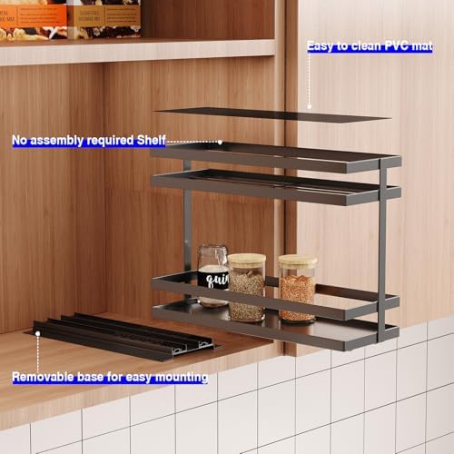 2 Pack Pull Out Spice Rack Organizer for Cabinet, 2 Tier Metal Slide Out Seasoning Organizer and Storage Heavy Duty Vertical Spice Rack Shelf Pullout for Kitchen Cabinets No Drilling (Black)