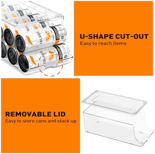 2 Pack Skinny Can Organizer for Refrigerator, Stackable Tall Skinny Soda Pop Can Holder Dispenser with Lid for Fridge Pantry Rack Freezer, Clear Plastic Storage Bins-Holds 12 Slim Cans Each