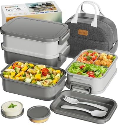 Adults Bento Box with Thermo Bag, 74oz Capacity 3 Stackable, Gray