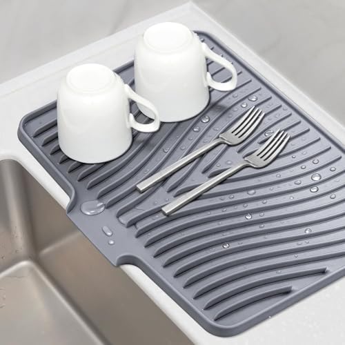 Silicone Dish Drying Mat for Kitchen Counter, Grey-1pcs, 16" x 12"