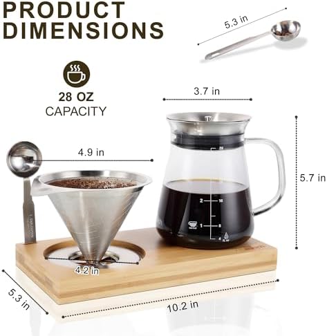 28oz Pour Over Coffee Maker Set, Glass Carafe with Reusable Filter